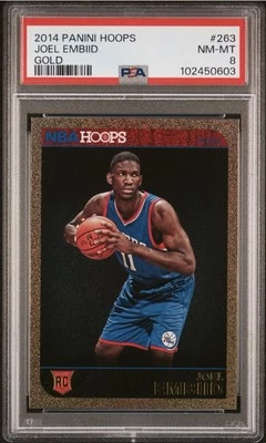 2014-15 Panini NBA Hoops Joel Embiid Gold Foil RC Rookie SSP #263 PSA 8 - Image 1 of 2