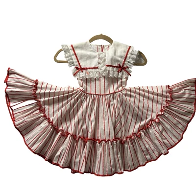 Vintage Mini World Girls Full Circle Dress Size 6 Red White Stripes Utah USA - Image 1 of 4