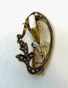 VINTAGE BROSCHE 10K GELBGOLD BLUME TULPE DESIGN PERLEN UND DIAMANT 2,5G KUNST - Bild 1 von 7