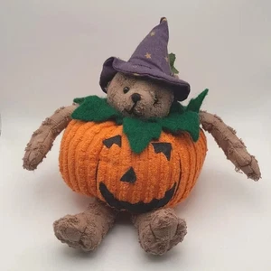 Vtg Halloween Pumpkin Bear Plush with Purple Hat Shelf Sitter Decoration small - Picture 1 of 5