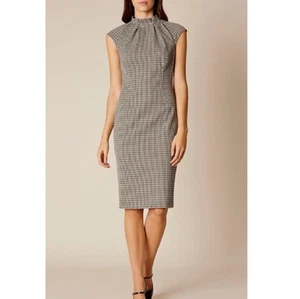Karen Millen Black White Check Pleat Neck Pencil Wiggle Office Siren Dress US 12 - Picture 1 of 8