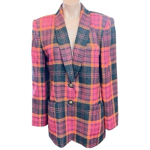 Oleg Cassini karierter Blazer Wollmischung Urlaubsjacke Gr. 10 rosa orange grau Vintage - Bild 1 von 19