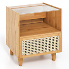 Bamboo Rattan Nightstand Drawer Solid Wood Legs Bedroom Living Room Use