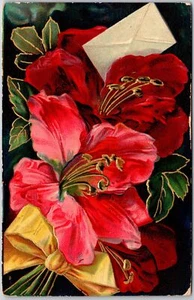 Tarjeta postal publicada 1911 flores pétalos rojos impresión grande felicitaciones deseos - Imagen 1 de 2