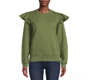Women's Time & Tru Ruffle Sleeve Sweatshirt Chili Green XL (16-18) - Picture 1 of 5