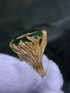 14k Solido Oro Giallo Giada Verde Vintage Halo Mano Fatto Design Anello Sigillo - Foto 1 di 12
