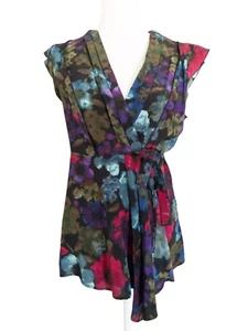 Anthropologie Fei Floral 100% Silk Wrap Mini Dress With Ruffled Sleeves & Tie Wa - Picture 1 of 11