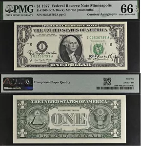 1977 $1 Federal Reserve Note - PMG 66EPQ - Dual Autograph - Morton / Blumenthal - Picture 1 of 3