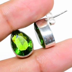 Green Peridot Gemstone 925 Sterling Silver Jewelry Stud Earring Size 0.75" - Picture 1 of 1