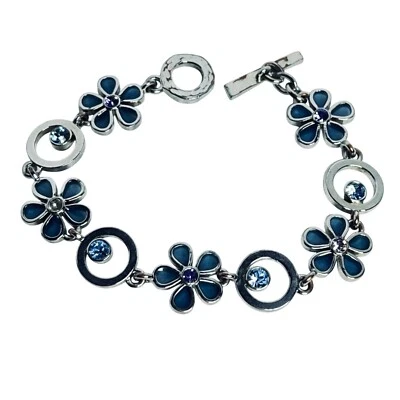 M4M Silver Tone And Blue Rhinestone Floral Link Bracelet Signed 7 1/2” (5920) - Image 1 of 4