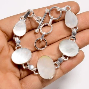 Natural Mother Of Pearl Gemstone 925 Silver Handmade Bracelet 6-8" ARB-1559 - Picture 1 of 3