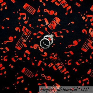 BonEful Fabric FQ Cotton Quilt VTG Black Red BATIK Music Note Jazz Band Clef Dot - Picture 1 of 14