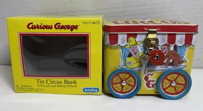 NOVO Vintage Schylling 1995 Curious George Circus Banco de Moedas de Lata com Caixa Original - Imagem 1 de 4