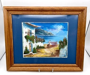 Original Signed Canvas Painting Mediterranean Seaside Matted & Framed 13.5x16.5" - Picture 1 of 4
