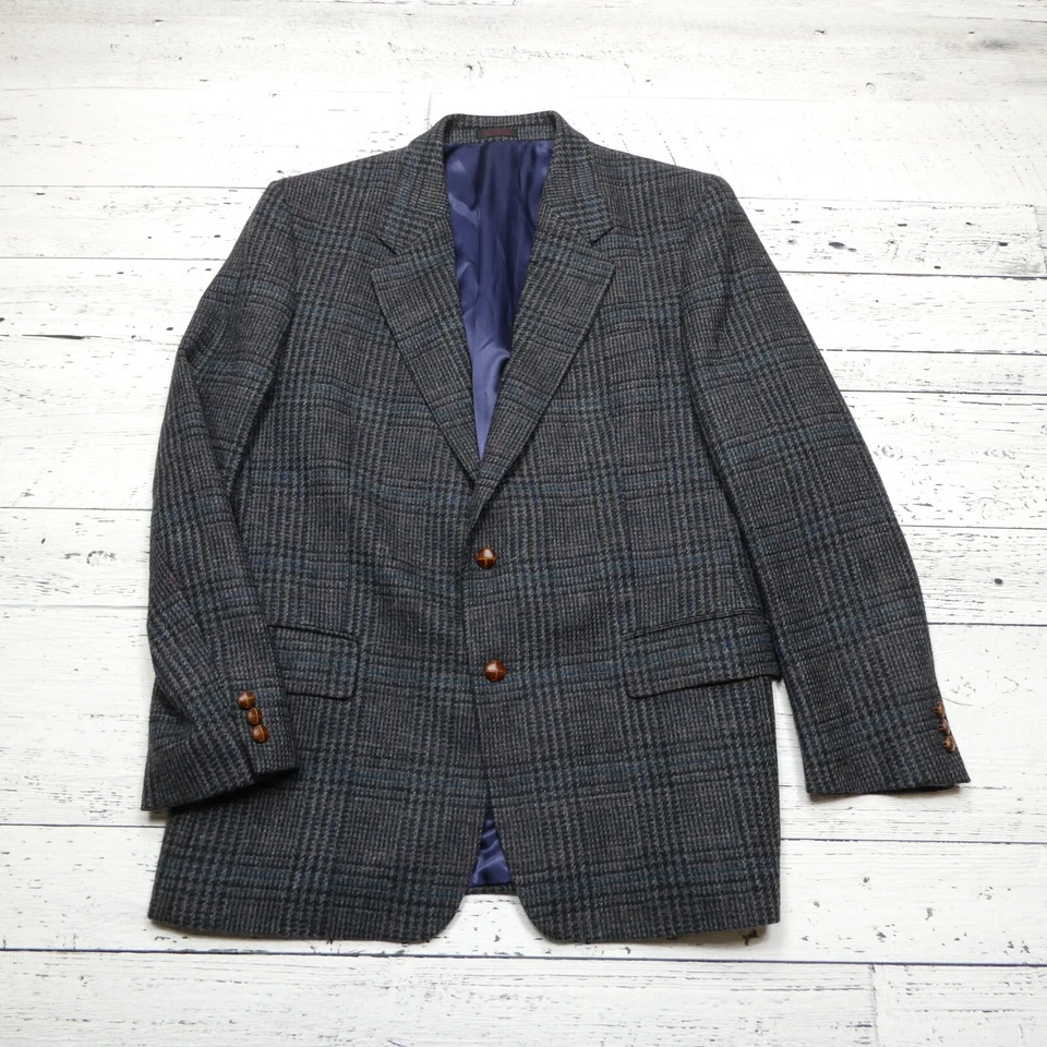 Blazer Traje Chaqueta Vintage Inglés Manor Lana Tweed Talla 43L Azul Gris Cuadros Foto 1 de 4