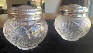 2 Cut Glass Bowls with silver lids, 4" wide x 3.25" tall, opening 2.25" diameter - Picture 1 of 13