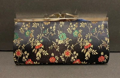 Vintage Preto Floral Tecido Bordado Carteira de Embreagem Bolsa de Moedas Fecho Beijo - Imagem 1 de 4