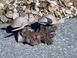 2 SEA TURTLE ON DRIFTWOOD ROOT BASE HAND CARVED WOOD NAUTICAL - Picture 1 of 3