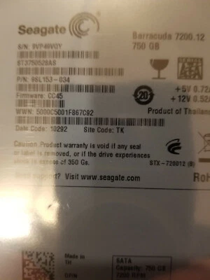Seagate ST3750528AS 750GB PN 9SL153-034 FW CC45 SATA 3.5" HD DC 10292 TK - Image 1 of 2