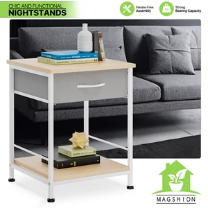 Rustic White Nightstand Open Storage Shelf Bedside Sofa End Table w/Cloth Drawer - Picture 1 of 10