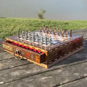 12.6’’ Handmade Chess Set, Roman Metal Pieces, Storage Walnut Wood Board, Rose - Picture 1 of 3