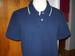 Polo Lands' End cotone/spandex blu navy scollo a V manica corta ~ taglia Large - Foto 1 di 4