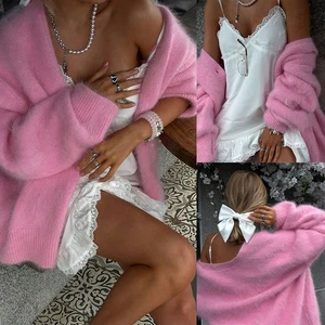 Women Fluffy Sweater V Neck Knitted Thick Long Sleeve Cardigan Jumper Tops Coat - Picture 1 of 11