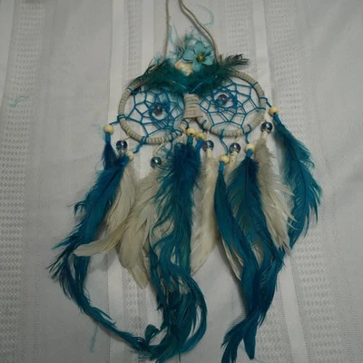 Búho Atrapasueños Colgante de Pared Teal Blanco Plumas Cuentas Boho Hecho a Mano Decoración Foto 1 de 4