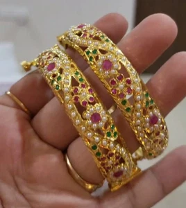 Neu Jadau Kada Indischer Braut Armreif Schmuck Goldfarben Armreif Set... - Bild 1 von 9