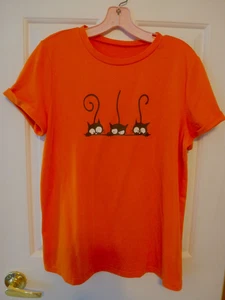 Damen Orange & Schwarz Halloween T-Shirt 3 Schwarze Katzen Gr. M Medium Kurzarm - Bild 1 von 2