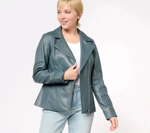 Denim & Co. Chaqueta Moto Cuero Cordero con Bolsillos-Pizarra Oscura-XS-NUEVA-A612795 - Imagen 1 de 2