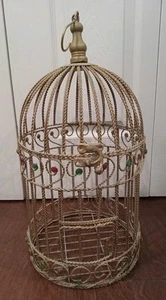 VTG Gold Bird Cage With Red Green Jewels Vintage Bird Cage Gold Very Nice 🐦  - Picture 1 of 11