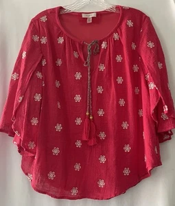 Cupio Women Size Large Boho Gauze Lined Embroider Flower Split Sleeve Top Shirt - Picture 1 of 8