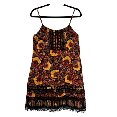 Anna Sui Lace Trim Paisley Floral Cotton Mini Dress Size S Sunshine Fall Boho - Image 1 of 4