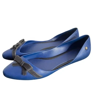 Melissa Trippy Pointed Toe Ballet Flats Womens 9 Blue Black Bow Slip On Shoes - Picture 1 of 13