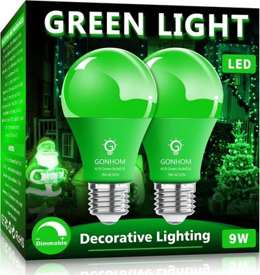 A19 LED Green Light Bulb, 9W Equivalent to 100W, Dimmable, E26 2 Pack,  - Image 1 of 4