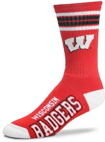 Wisconsin Badgers NCAA 4 Stripe Deuce Large Crew Socks Team Colors Fits 10-13 Cover