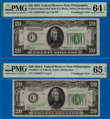 1934 1934A $20 Philadelphia FRN PMG 65EPQ Changeover Fr 2054-Cdgsm Fr 2055-C - Image 1 of 2