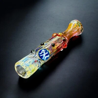 Gold Fumed Hand Blown Glass Chillum Pipe – USA Made, Colorful Dot Work, 3.5” - Image 1 of 4