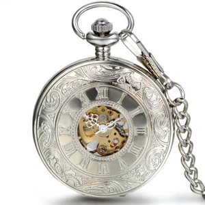 Portable Hand-winding Mechanical Skeleton Roman Numberals Carved Pocket Watch - Picture 1 of 6