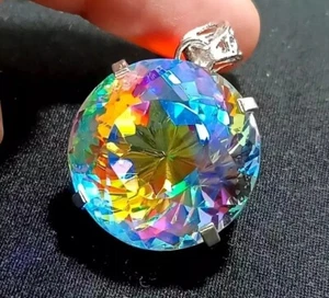 Natural Round Mystic Topaz 98.15 Ct 925 Solid Silver Rainbow Pendant Gemstone - Picture 1 of 7