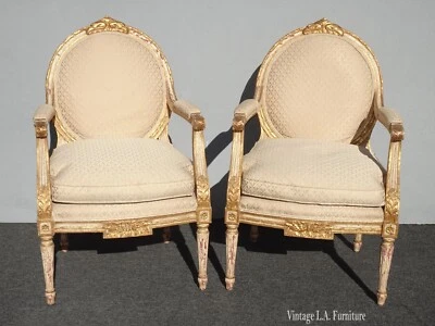 Vintage French Louis XVI Bergere Chairs Beige Silk Down & Crackle Finish Italy - Image 1 of 4
