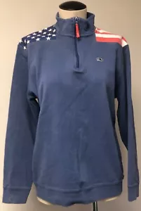 FELPA VINEYARD VINES BLU 1/4 ZIP 4 LUGLIO CON FINITURE BANDIERA AMERICANA TG M - Foto 1 di 7