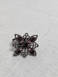 Silver Tone Cocktail Ring Purple Stones Star Shape Size 8 Adjustable J3-1509 - Picture 1 of 5