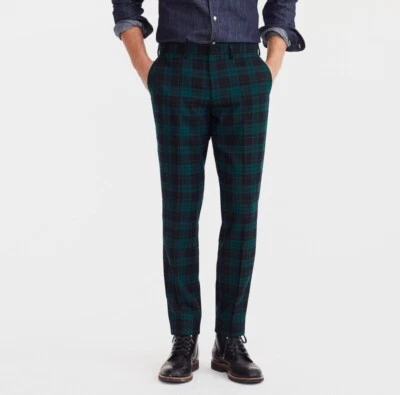 Calça Bowery Masculina J.Crew (31x30) em Lã Tartan Preta/Verde MSRP $128 Nova Com Etiqueta - Imagem 1 de 4