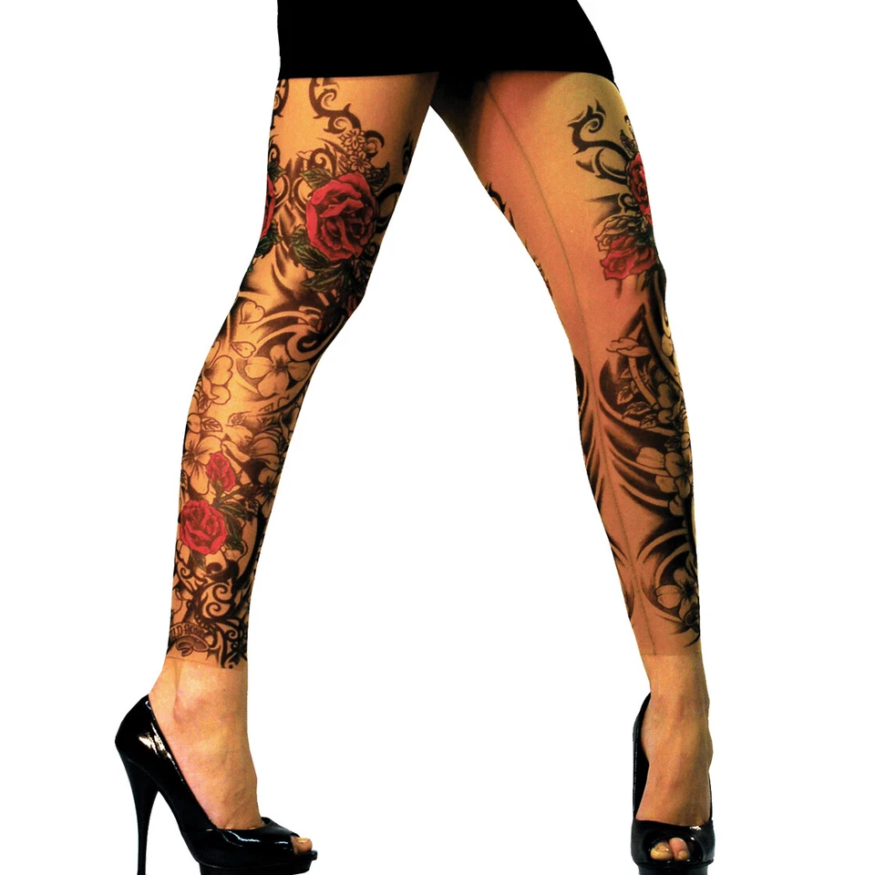 Leggings de tatuagem feminina rosa selvagem flamenco malha bronzeada rosa vermelha tribal tamanho XS a 2XL - Imagem 1 de 4