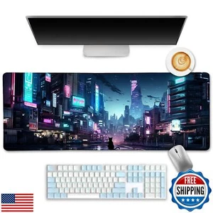 LIMKRIAN Cyberpunk Mouse Pad, Japanese Anime Cat Desk Mat Desk Pad, Neon Toky - Picture 1 of 5