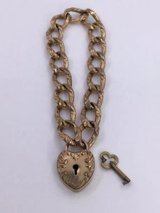 OG - F & B - GOLD FILLED REPOUSSE CHAIN BRACELET W/ HEART LOCK & KEY (V404) - Picture 1 of 9