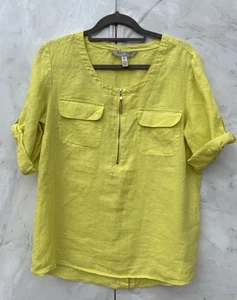 Ellen Tracy Top Camicia Lino Tunica Rotolo Tab Taglia Large Estate Giallo Lime - Foto 1 di 9
