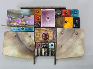 Earl Pardon Sterling 925 & 14K Enamel Mosaic Pin Brooch Modernist 1970’s Rare - Picture 1 of 23